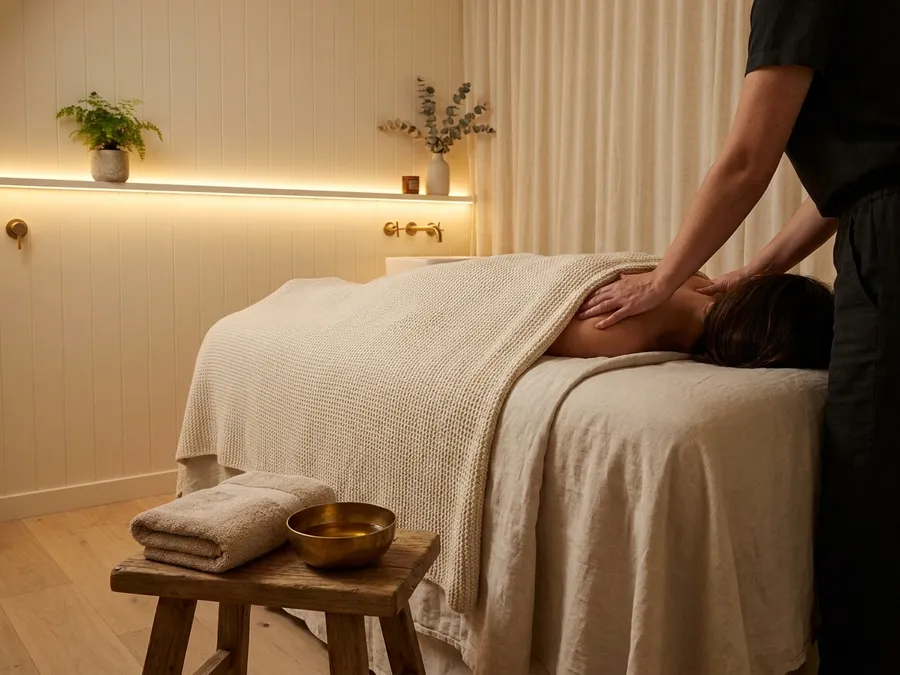 Hands working the tops of the shoulders on a treatment bed dressed in cream linen, with folded towels and a brass bowl on a wooden stool