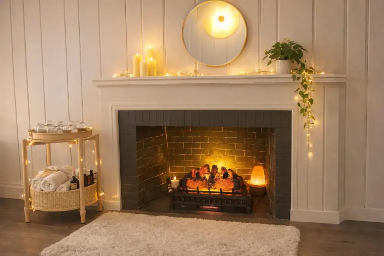 The fireplace lounge at Aura in Issaquah, with lit candles on the mantel and rolled towels on a cart