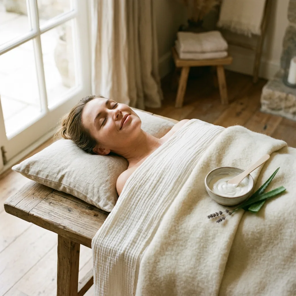 A guest resting under a cream wool blanket on a wooden treatment bench, beside a bowl of mask cream, a wooden spatula and a sprig of lavender