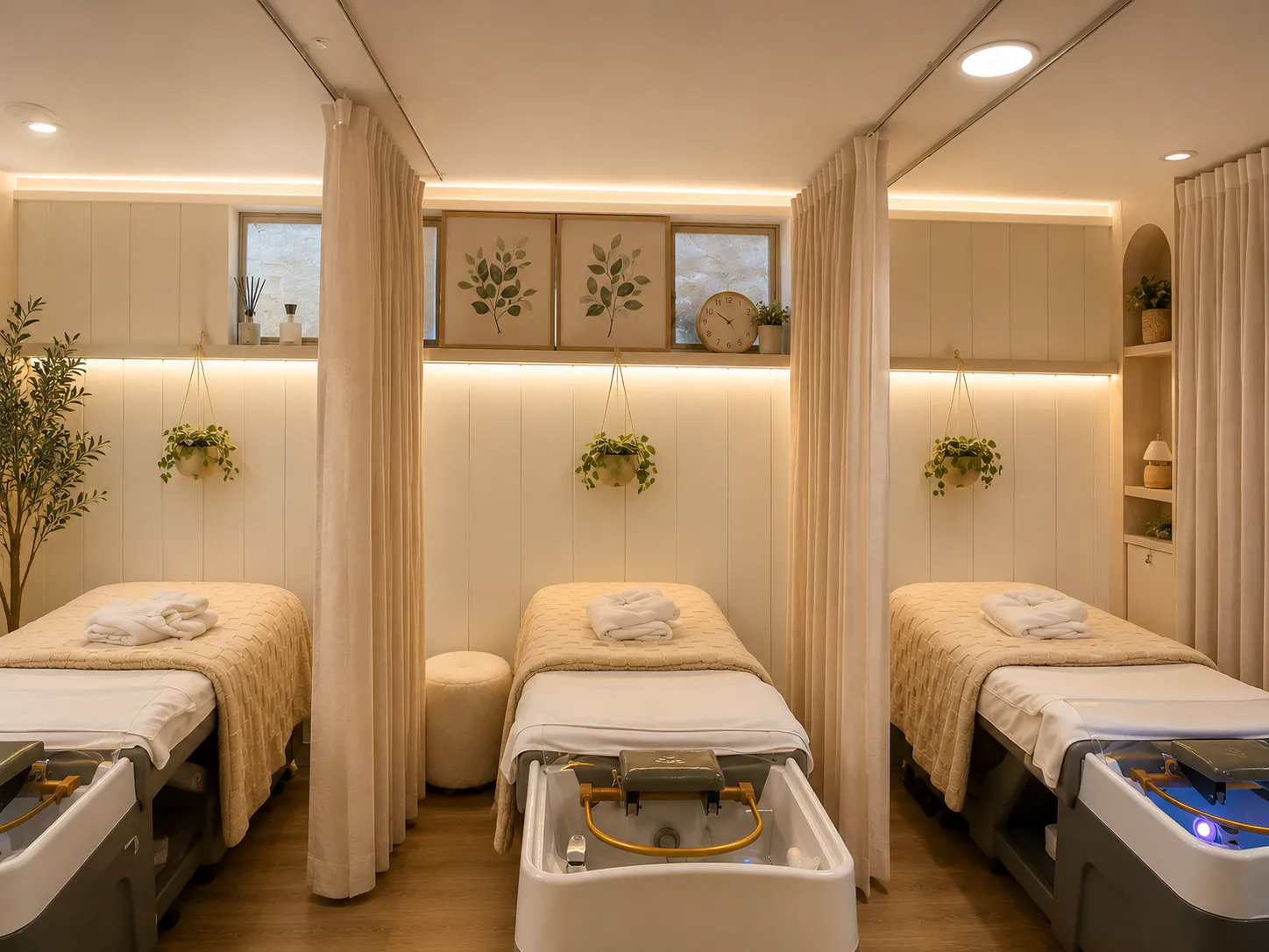 The head spa room at Aura in Issaquah, cream paneling and warm lamps above curtained stations and a row of basins