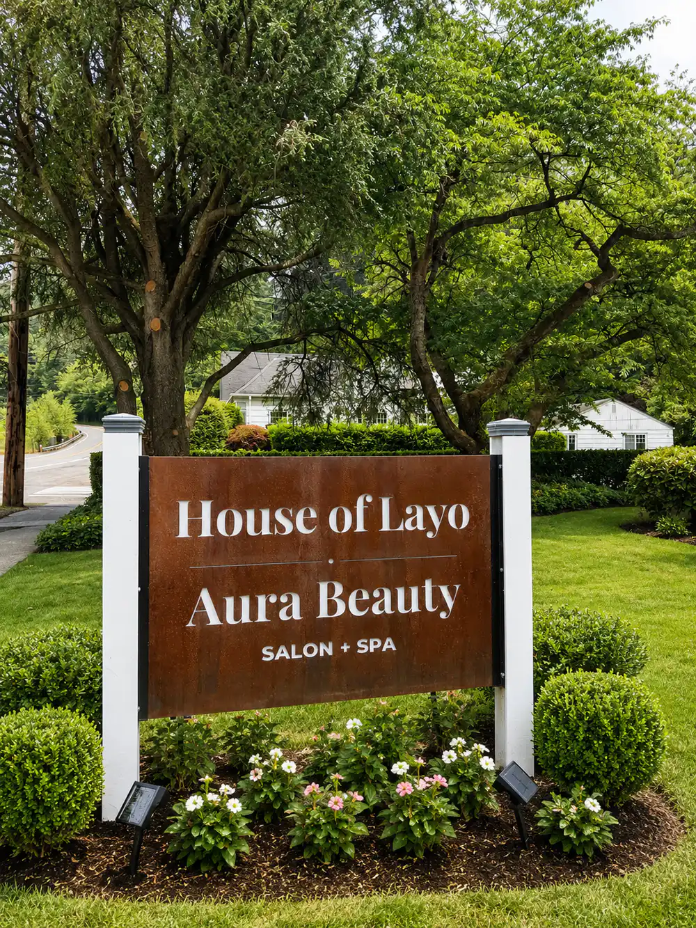The dark curbside monument sign on E Sunset Way in Issaquah reading House of Layo and Aura Beauty
