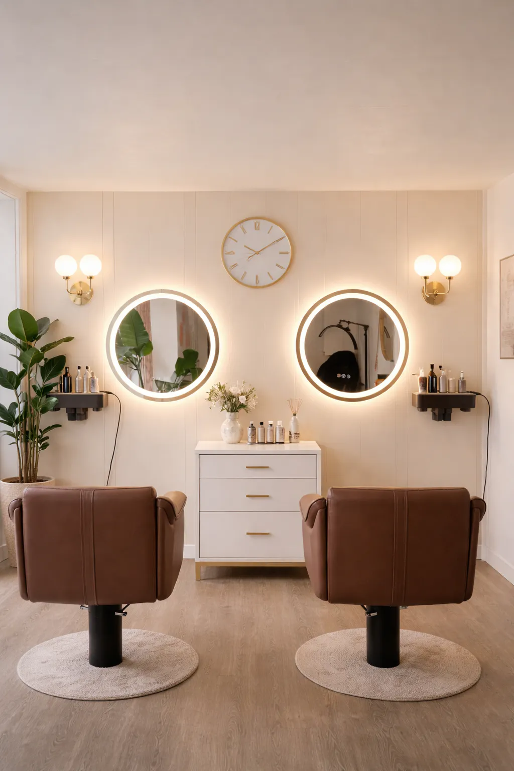 Two blow-dry stations at Aura in Issaquah with round backlit mirrors, leather chairs and product shelves