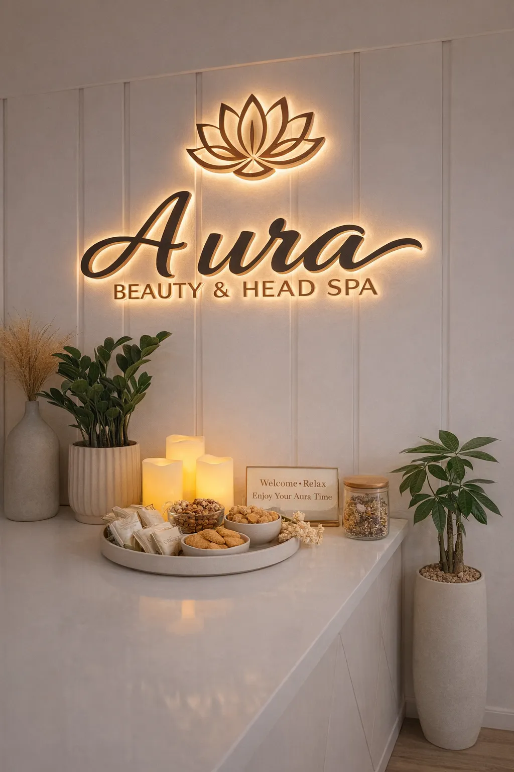 The welcome counter at Aura in Issaquah with a gold lotus sign, lit candles and a tray of tea set out for arriving guests